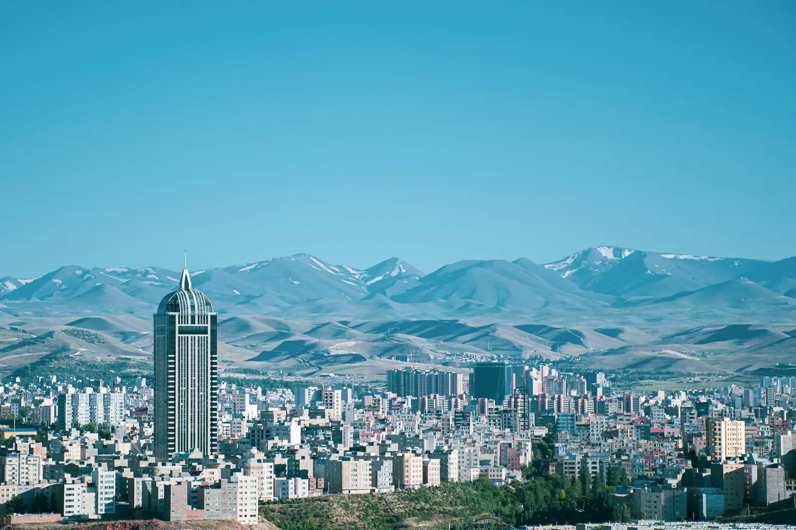 Tabriz city panorama — framed by the Eynali and Sahand mountain ranges